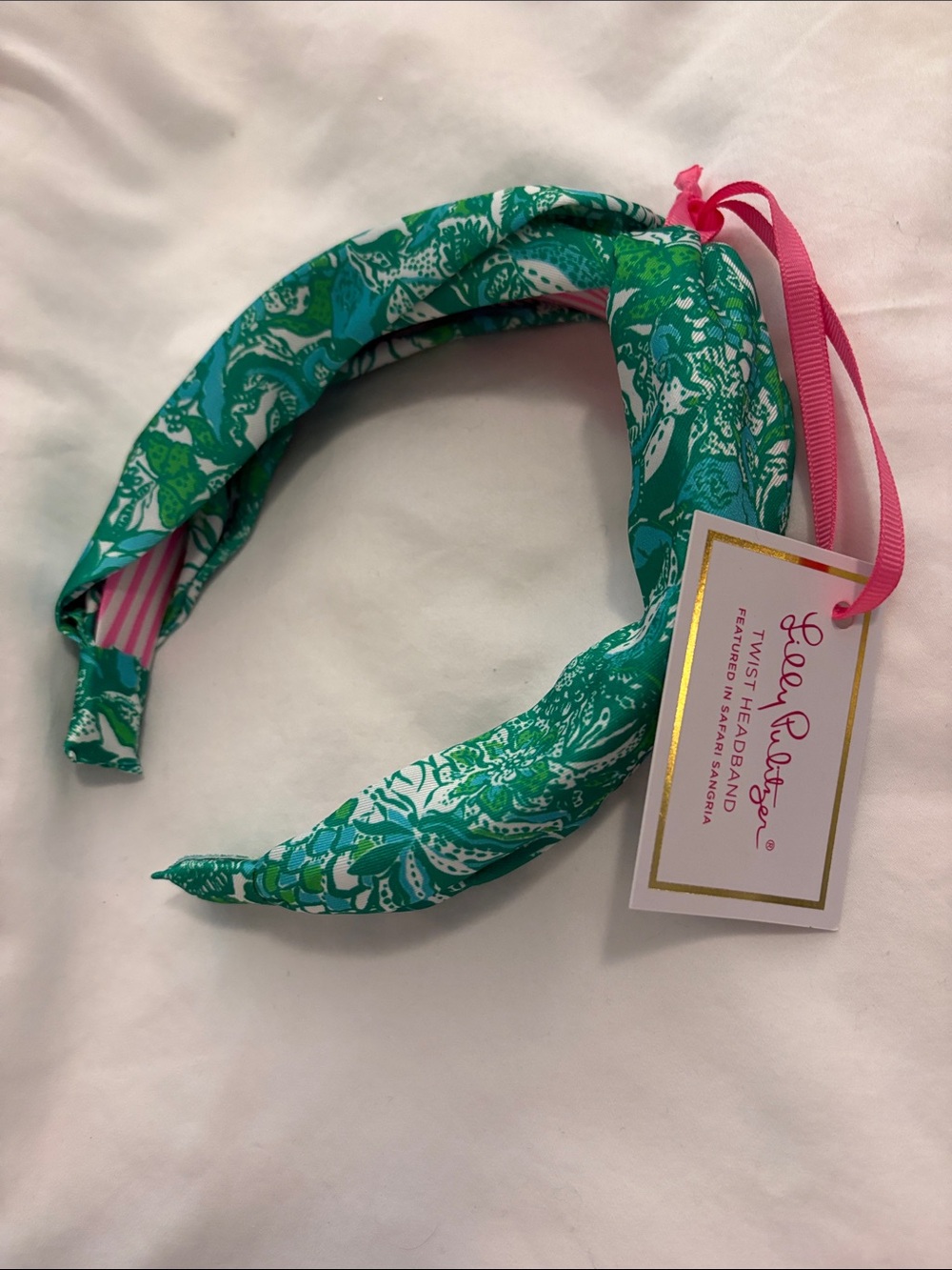 Lilly Pulitzer Turquoise Green Printed Twist Headband with Pink Accent